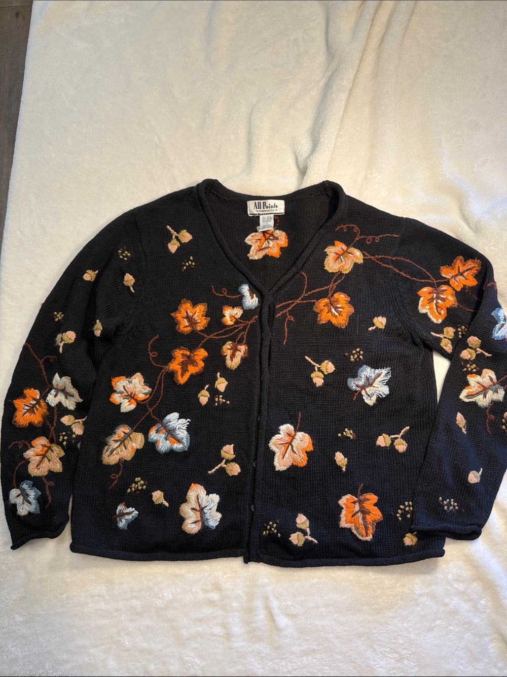 All Points Black Embroidered V-Neck Fall Leaves and Acorns Festive Cardigan